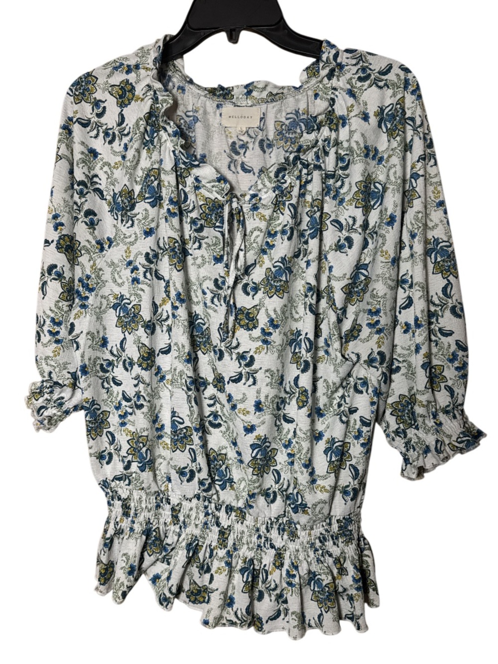 Melloday Blue Floral Peasant Blouse White Blue - Size L